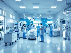 Interior spital modern cu echipamente medicale avansate.