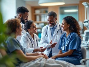 Specialiști în oncologie discutând cu pacienții despre tratamente.