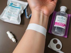 Tăietură curată bandajată cu produse de îngrijire lângă.