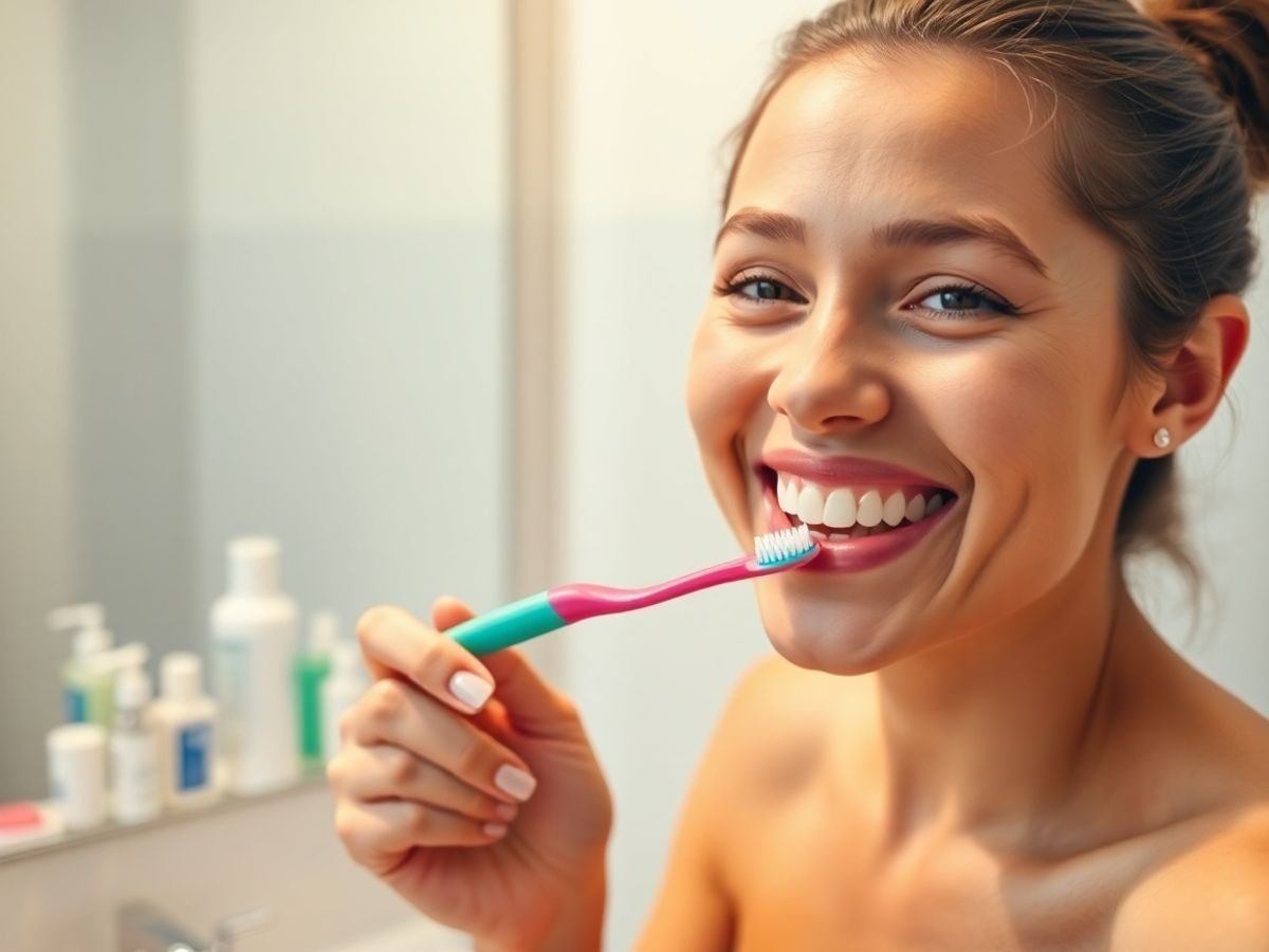 Persoană zâmbitoare periuțându-se pe dinți în baie.