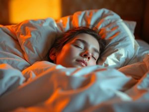 Dormind pașnic, lumină caldă, cameră confortabilă, pat impecabil, zori.