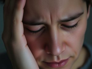 Fotografie: Persoană cu durere de cap, mână la tâmplă.