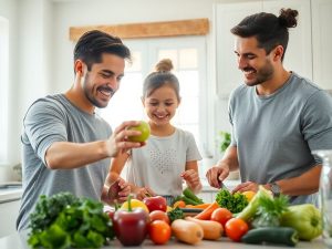 Familie zâmbitoare, pregătind o masă sănătoasă acasă.