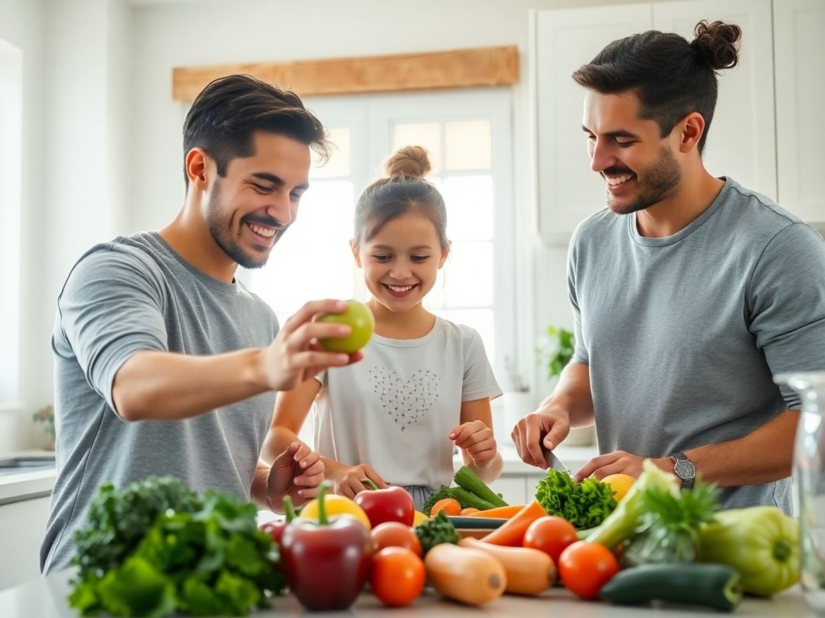 Familie zâmbitoare, pregătind o masă sănătoasă acasă.
