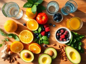 Fotografie cu fructe, legume și ingrediente sănătoase colorate pe masă