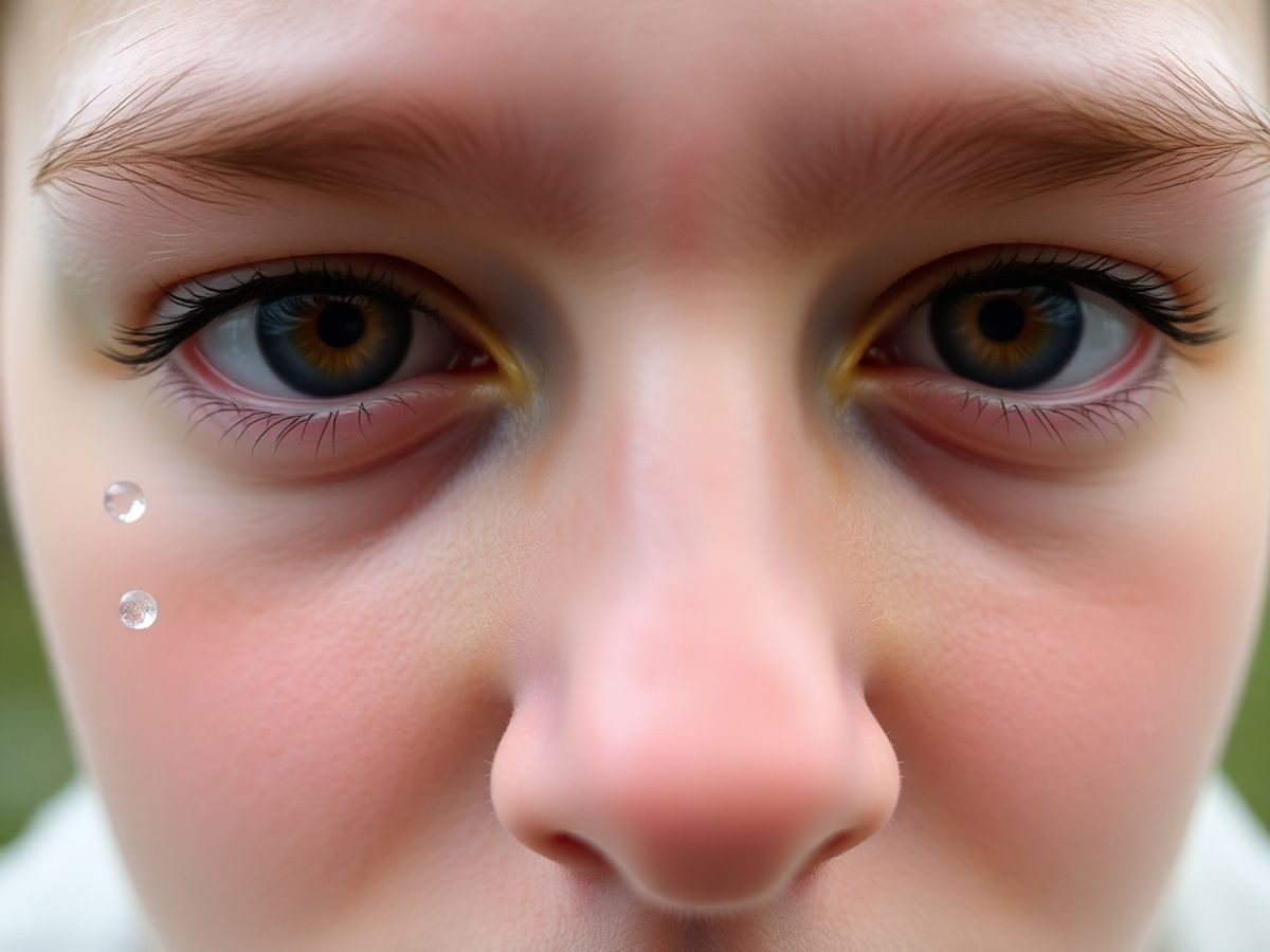 Persoană strănutând cu ochi roșii și nas care curge