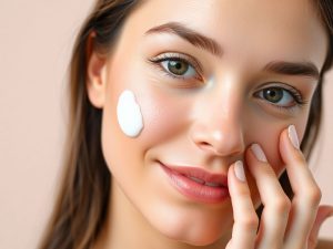 Femeie blândă aplicând cremă pe fața curată.