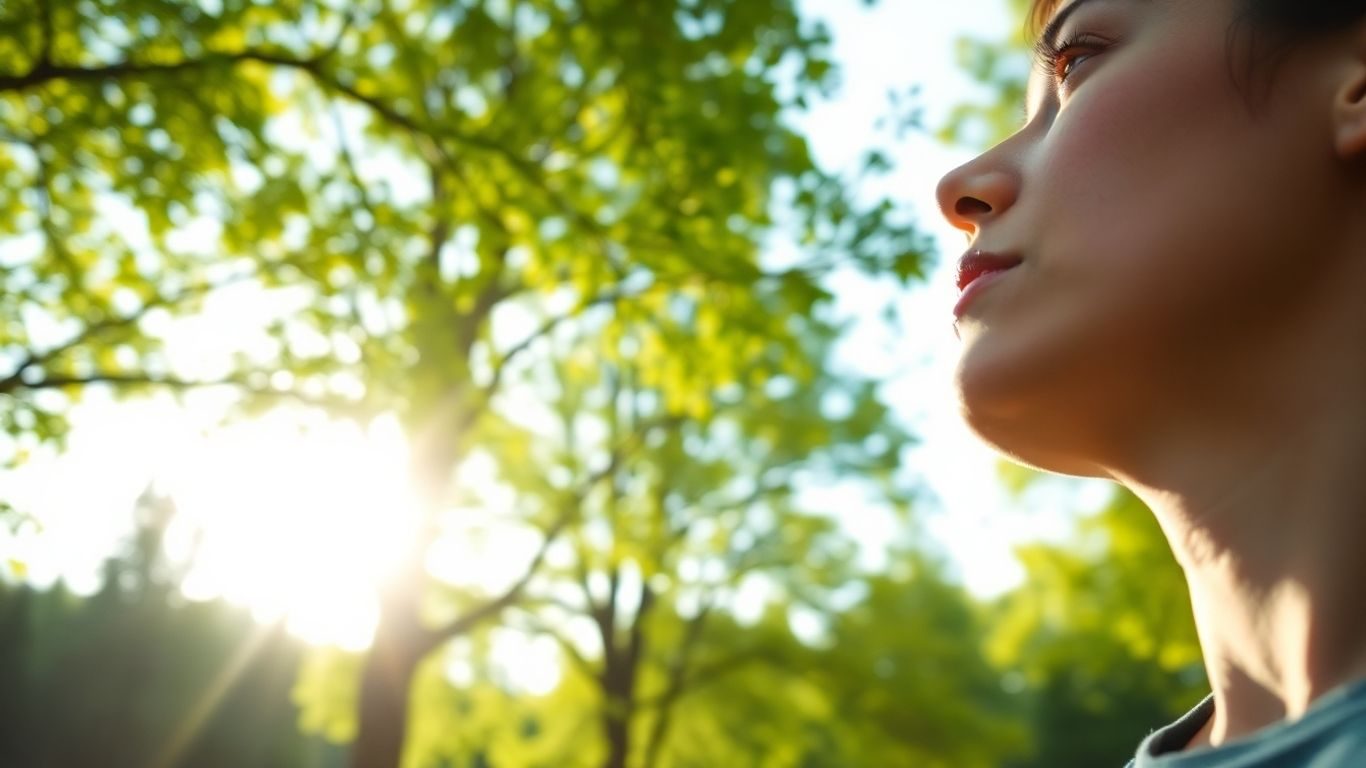 Persoană respirând în aer liber printre copaci verzi